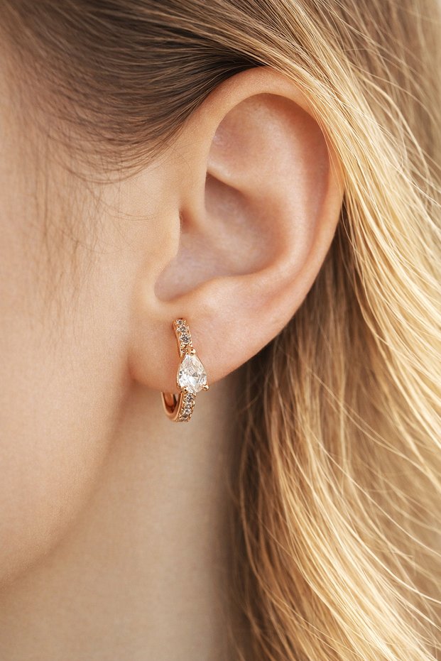 Drop Stone Detailed Hoop Earrings – Rose Gold Hoop with Zircon Stone