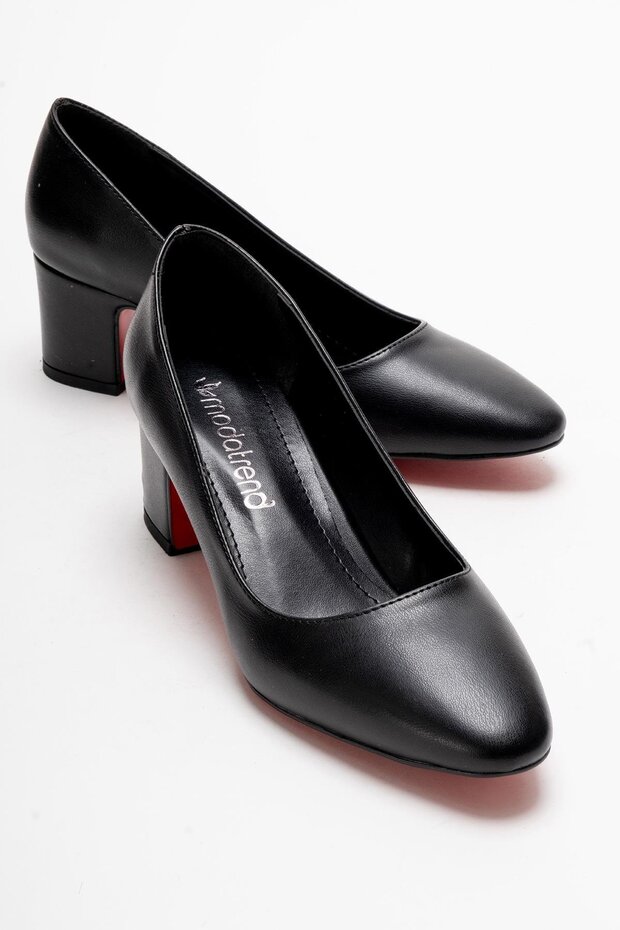 Women's Mirrored Heel Covered Block Heel Shoes; Black Leather