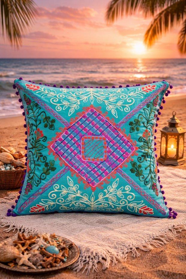 Turquoise Color Nomad Diamond Embroidered Pompom Bohemian Pillow Case 50Cmx50Cm