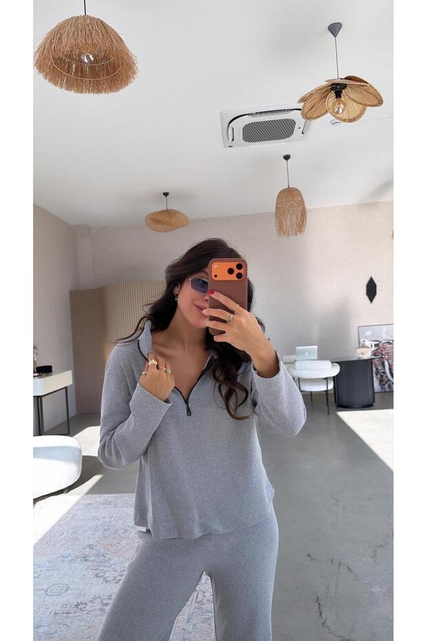 Light Gray Half Zipper Corded Fabric Basic Set - 5