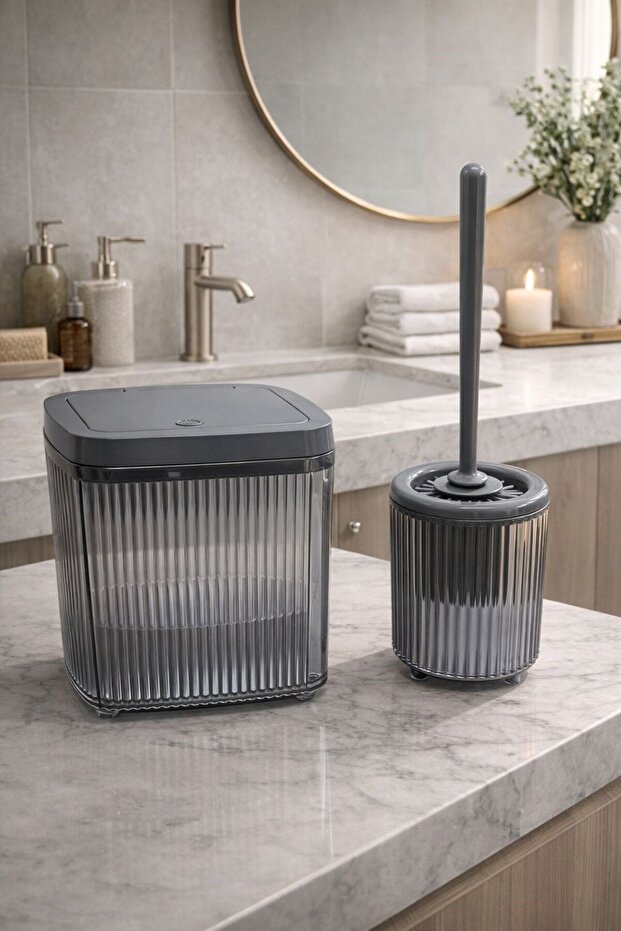 Bathroom Trash Can and Toilet Brush Set |   Modern and Stylish Bathroom Accessories Set of 2