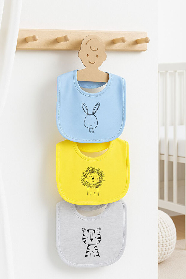 100% Cotton Combed Double Layer 3-Piece Animal Patterned Baby Bib