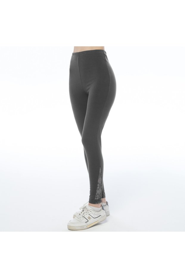 Women's Leggings with Lace Detail on the Legs, Knitted Anthracite Leggings (Available in Plus Size)