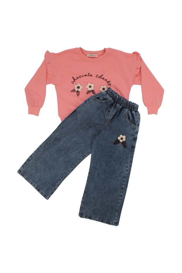 Girl's Pink Blue Floral Embroidered Denim Pants Two-Piece Set