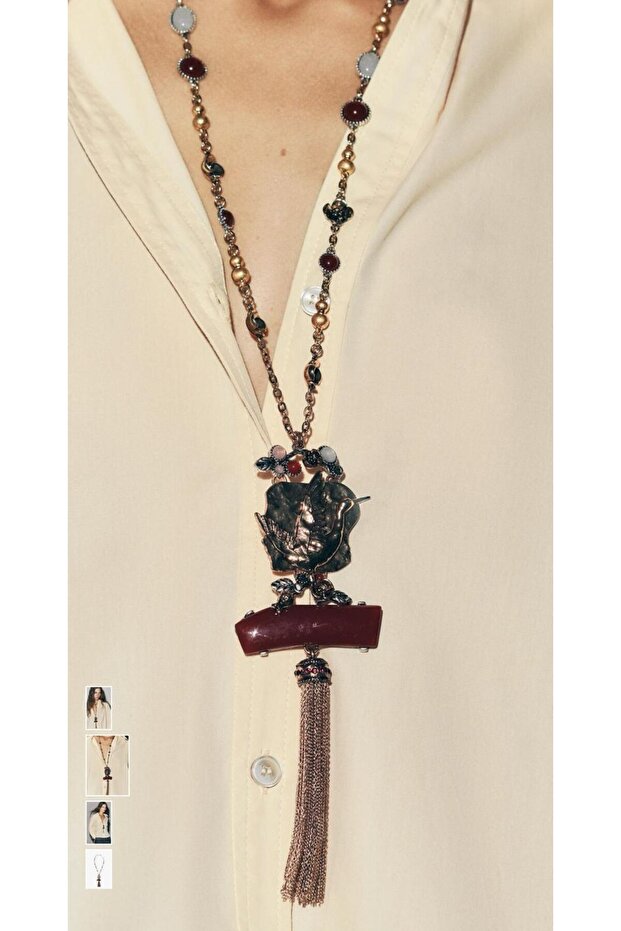 Bird Patterned Stone Chain Necklace Zra Brand Model Necklace