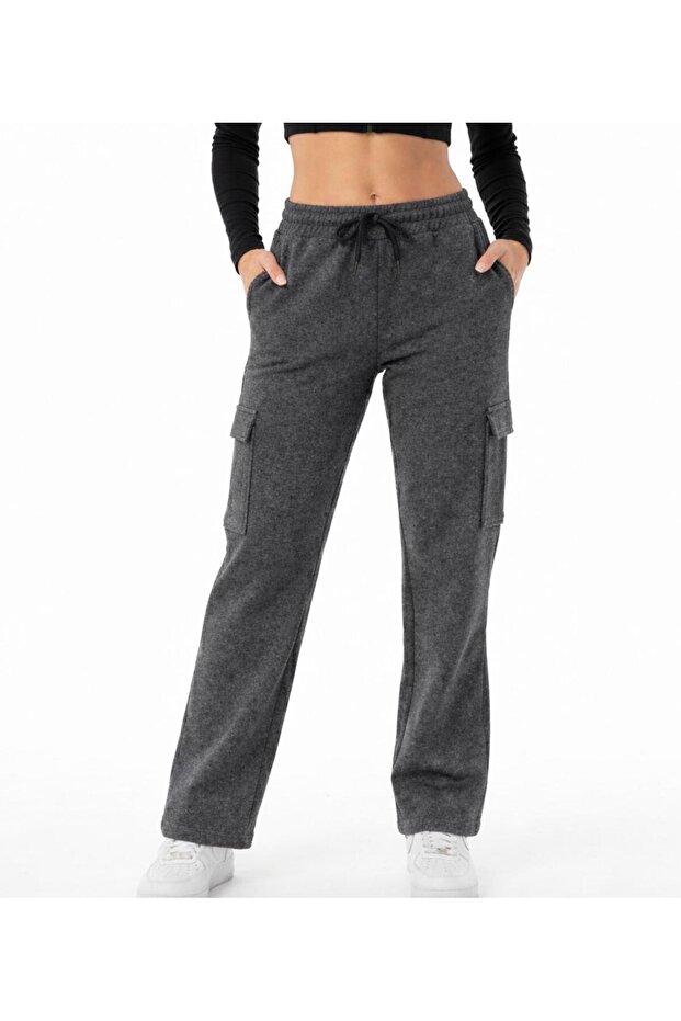 Women's Gray Melange Oversize Wide Fit 2 Thread Cargo Pocket Sweatpants-P2269