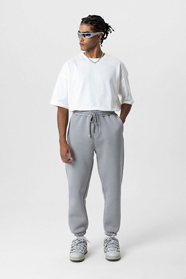 بنطال رياضي أساسي قصة فضفاضة باللون الرمادي الجليدي - 1