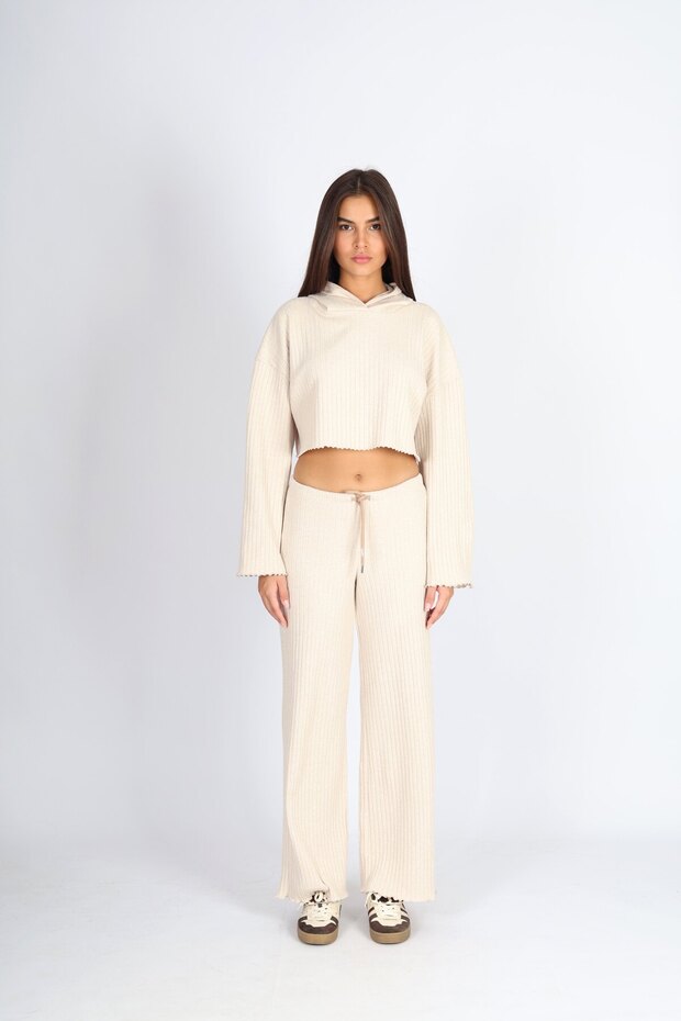 Women's Tracksuit Set Hooded Sweatshirt and Wide Leg Beige Pants Tracksuit Set