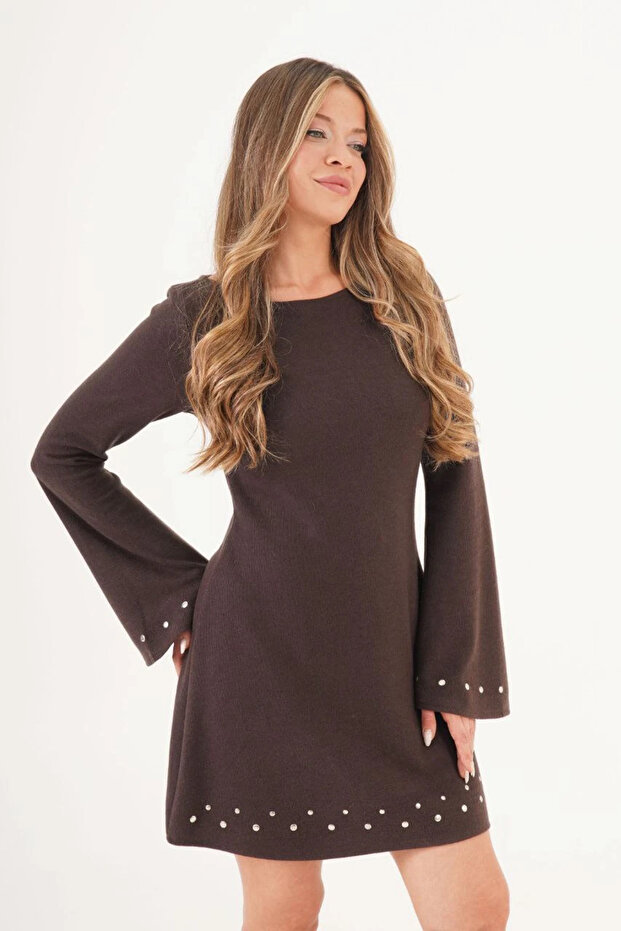 İspanyol Kol Taşlı Detaylı Mini Elbise - 2