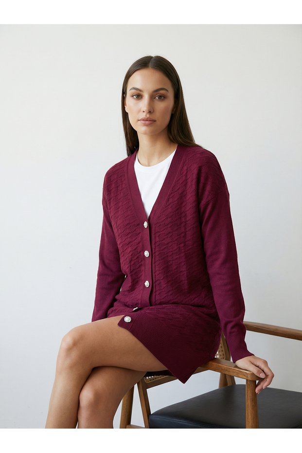 Women's Mercerized Houndstooth Cardigan Burgundy