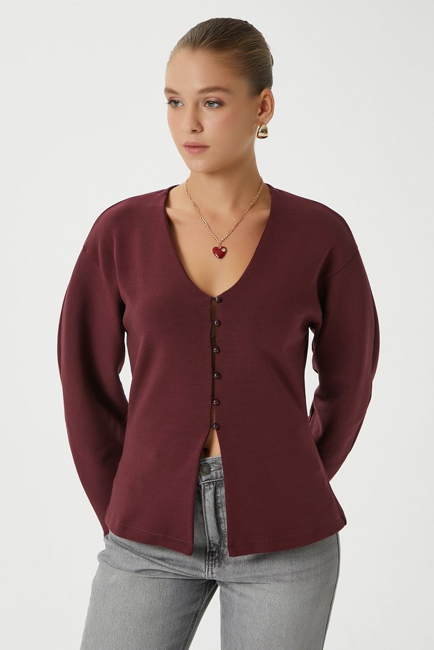 Women's Osea Premium Fitted Waist Burgundy Stylish Button Detail Peplum Blouse