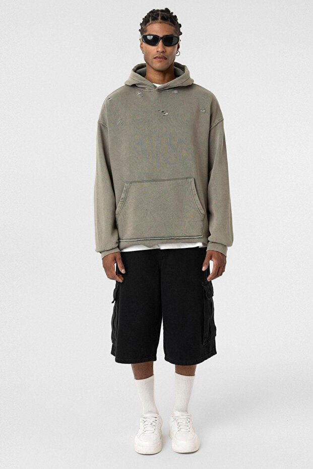 Washable Ripped Detailed Oversized Sweatshirt Mink