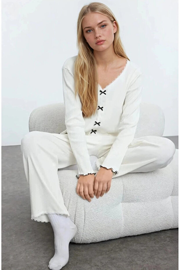 Cotton Lace and Bow Detail Corded Fabric Knitted Pajama Set White