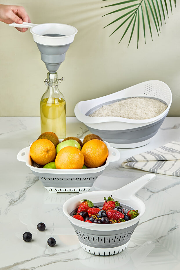 4-Piece Accordion Folding Strainer Set - Kitchen Dowry Set (accordion-handled brass strainer funnel gray)