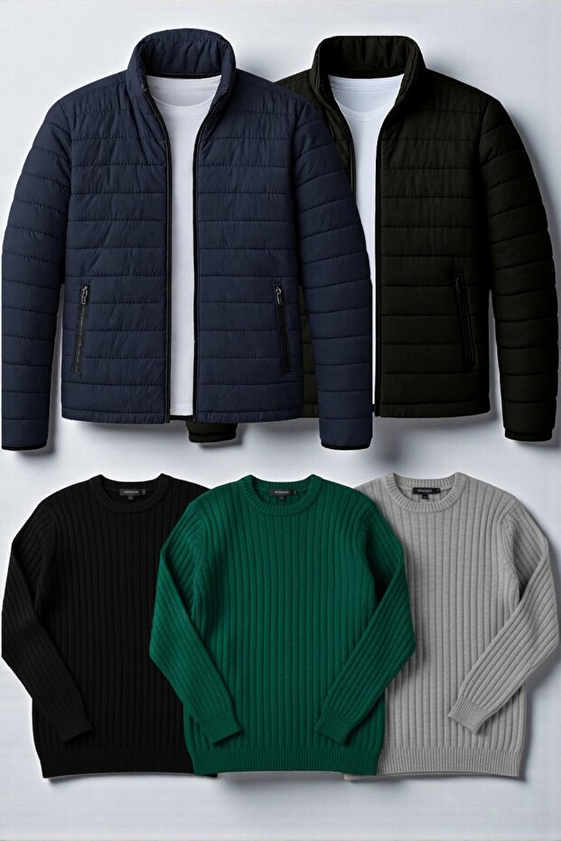 5-Piece Men's Winter Combination Pack – 2 Puffer Jackets + 3 Corded Fabric Crew Neck Thick Knit Sweaters