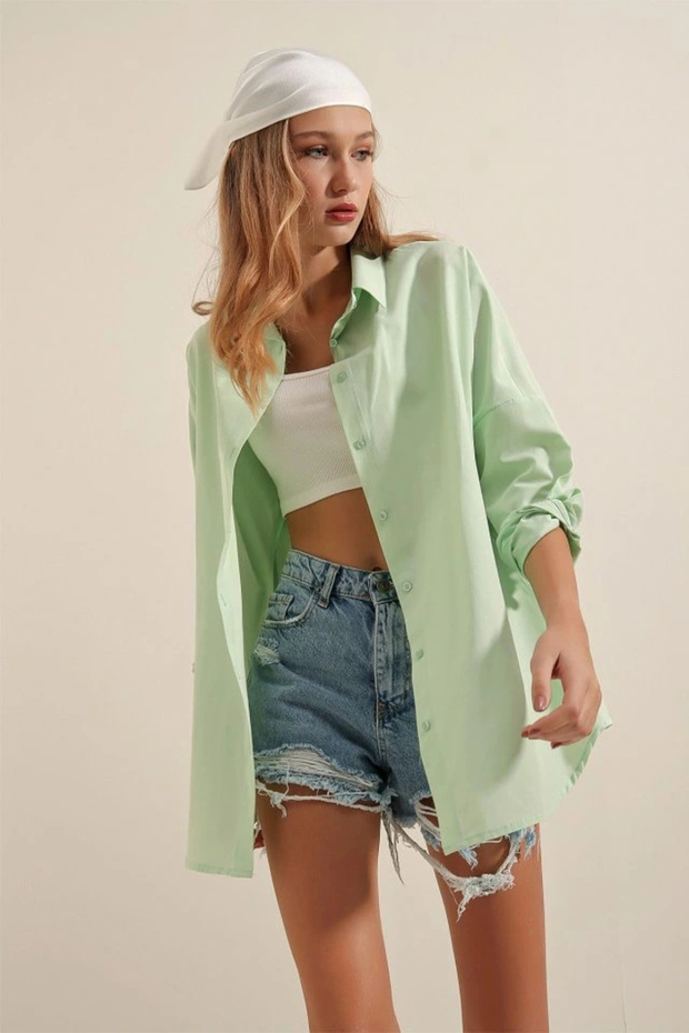    3900 Oversize Long Basic Shirt - E.Green - 1
