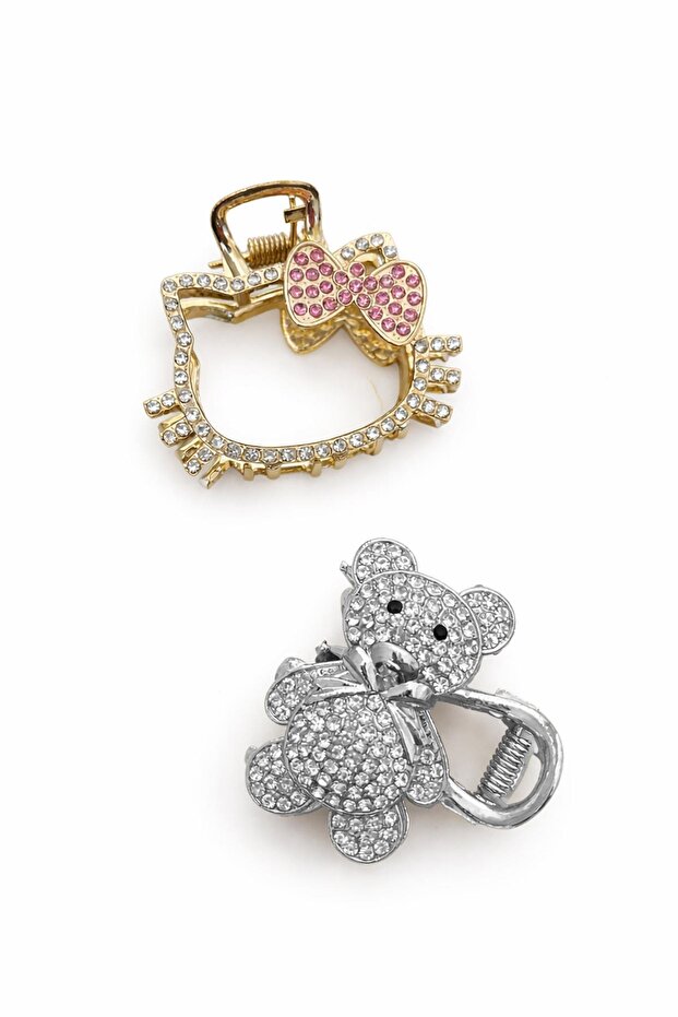 Crystal Stone Hair Clip with Kitty and Teddy Figures, 2 Pieces