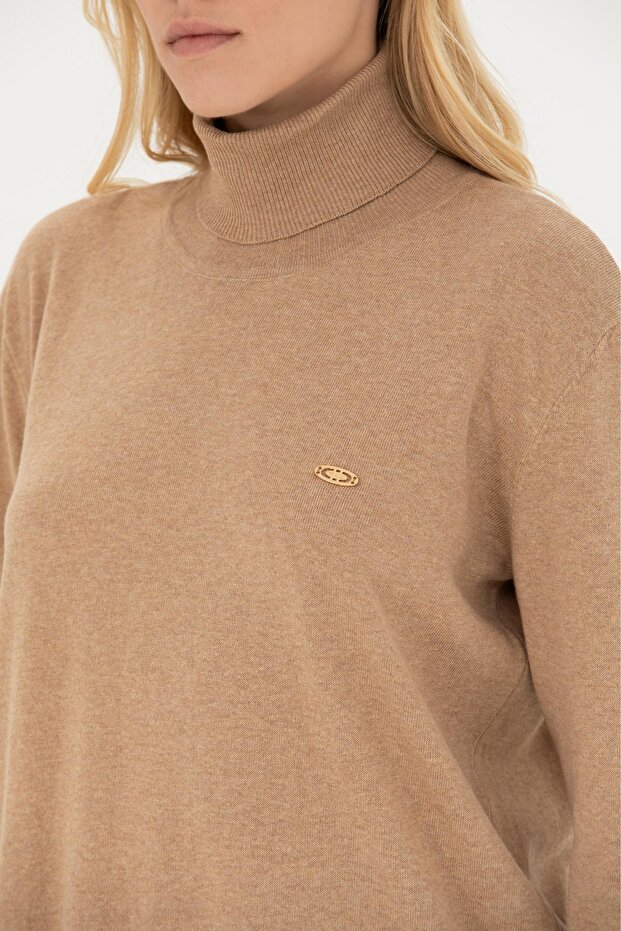 Women's Camel Melange Basic Sweater - 4