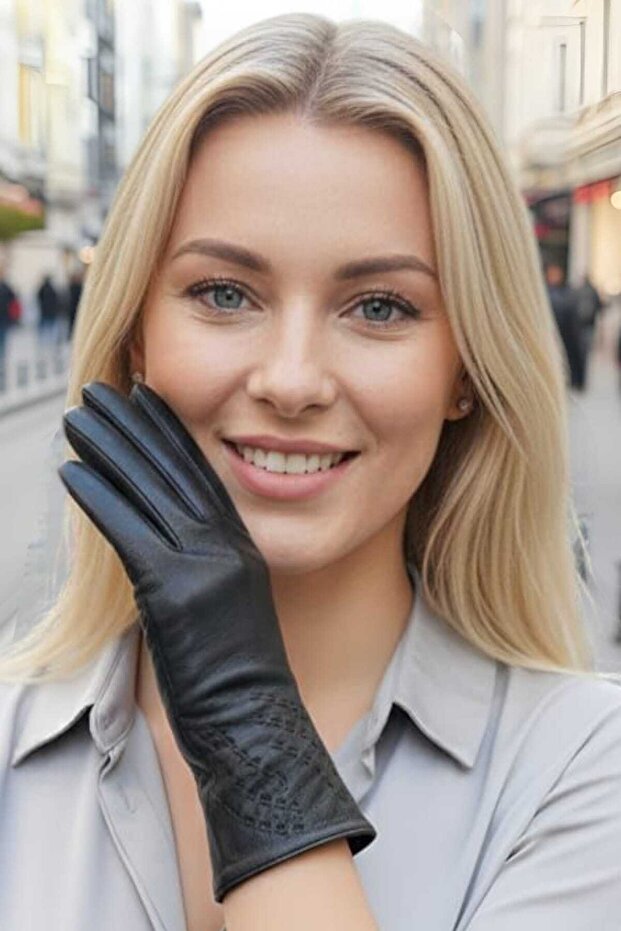 Women's Zigzag Embroidered Lined Genuine Lambskin Leather Gloves