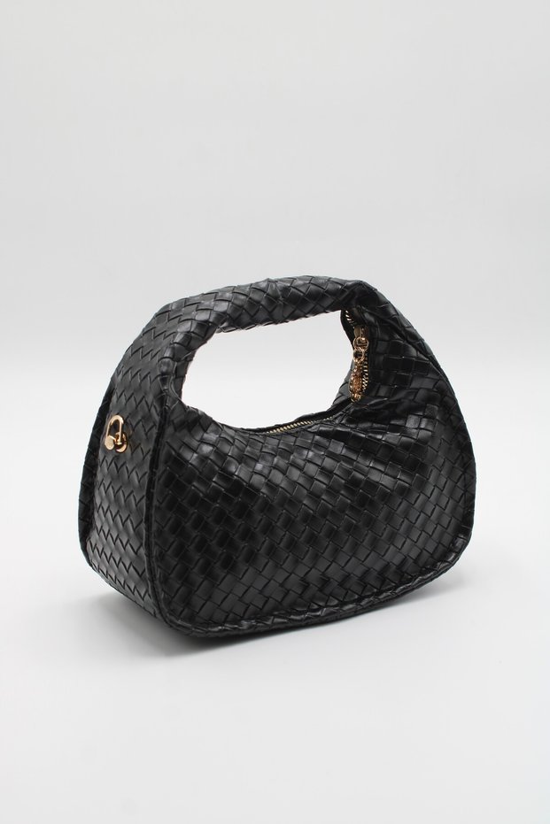 Women's Black Braided Soft Leather Zippered Crossbody Hand and Shoulder Bag