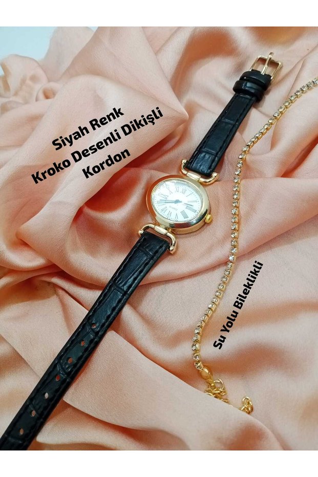 Minimal Model Black Color Crocodile Patterned Cord Gold Case Women's Wristwatch