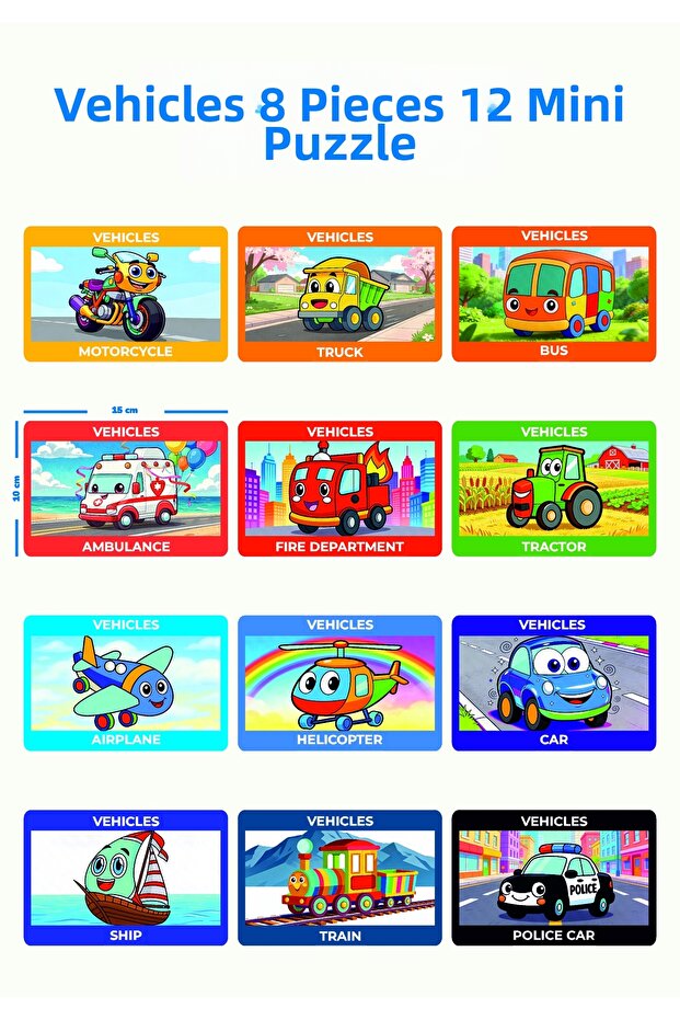 Wooden Educational Puzzle – Vehicles (Set of 12, 8 Pieces)