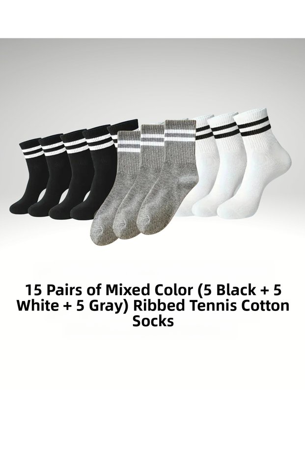 15 Pairs of Mixed Color (5 Black +5 White +5 Gray) Circular Tennis Cotton Socks