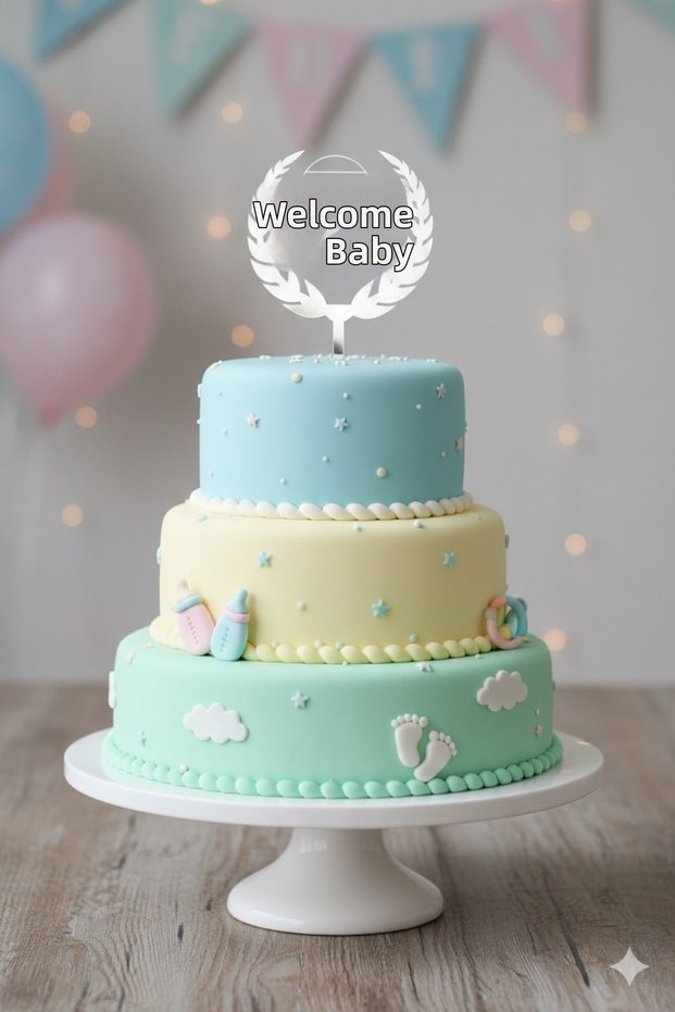 Welcome Baby Silver Plexiglass Cake Decoration