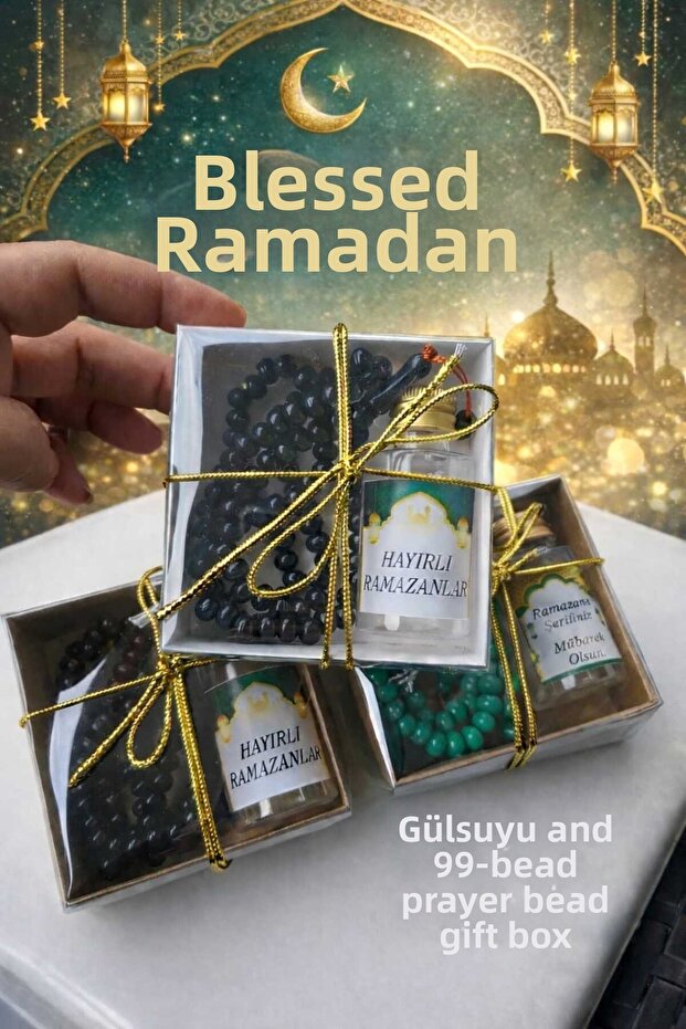 RAMADAN GIFT, MAWLID, CANDLE NIGHTS, GIFT FOR THE THREE MONTHS, 99-COUNT PRAYER BEADS AND ROSEWATER BOX