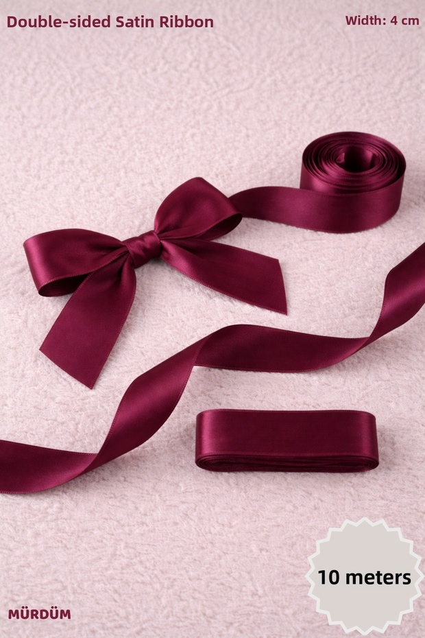 Plum Satin Ribbon 4 cm 10m - Bohça, Nikah, Nişan, Çeyiz, Hediye, Süsleme, Doğum Günü, Parti