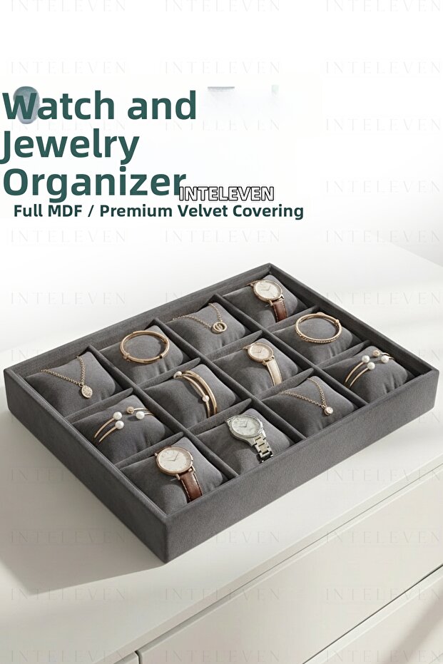 12 Compartment Velvet Watch and Bracelet Box - Jewelry Organizer - Smoked