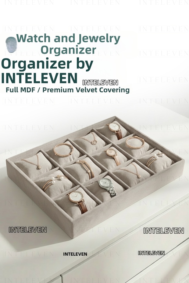 12 Compartment Velvet Watch and Bracelet Box - Jewelry Organizer - Cream