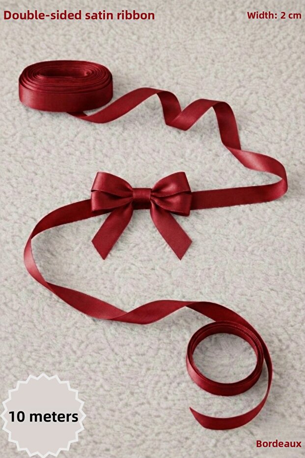 Burgundy Satin Ribbon 2 cm 10 Meters - Bohça, Nikah, Nişan, Çeyiz, Hediye, Süsleme, Doğum Günü, Parti