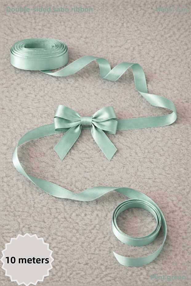 Mint Green Satin Ribbon 2 cm 10m - Bohça, Nikah, Nişan, Çeyiz, Hediye, Süsleme, Doğum Günü, Parti