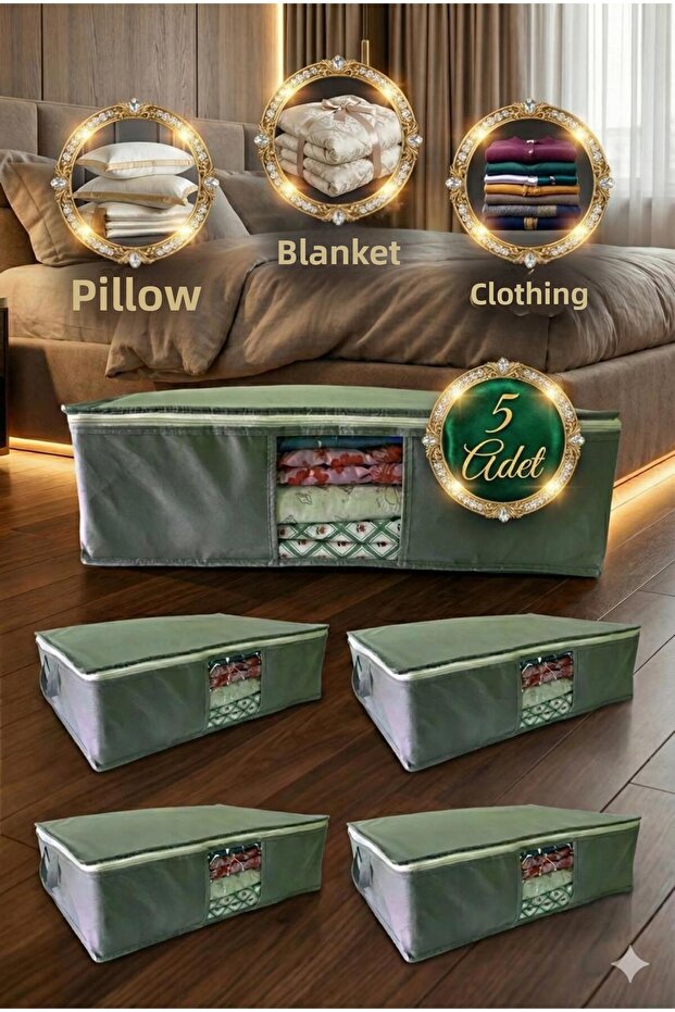 Under Bed Organizer Multi-Purpose 5 Pieces Gray Clothes Storage Bag with Window 64 X 45 X 22 cm