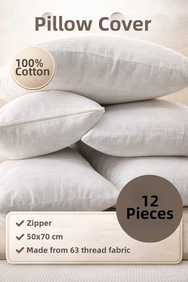 12 Pieces Cotton White Pillowcase Inner Liner, Zippered Pillowcase, Pillow Mattress 50X70