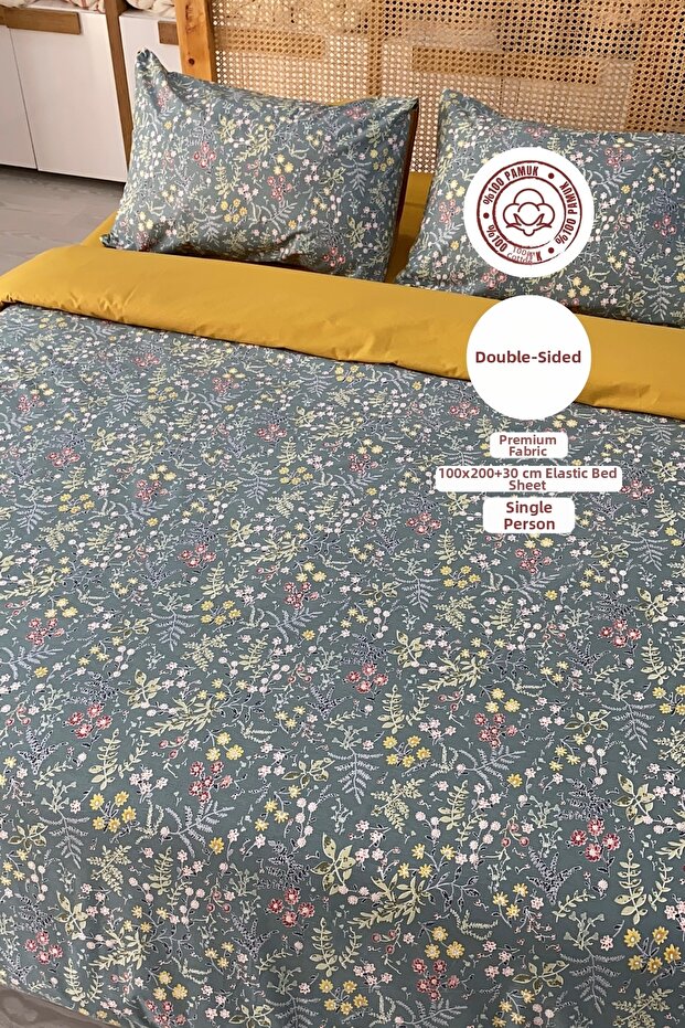 100% Cotton Single Duvet Cover Set with Double-Sided Elastic Sheets - 1