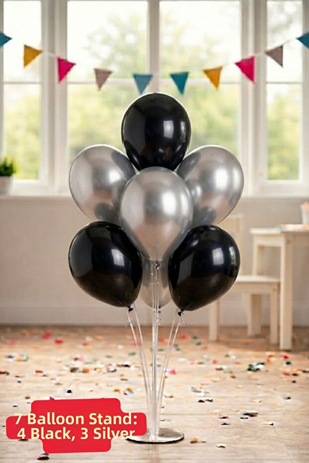 70 cm 7-Piece Balloon Stand 4 Black 3 Silver Shiny Balloons Celebration Birthday Decoration Material