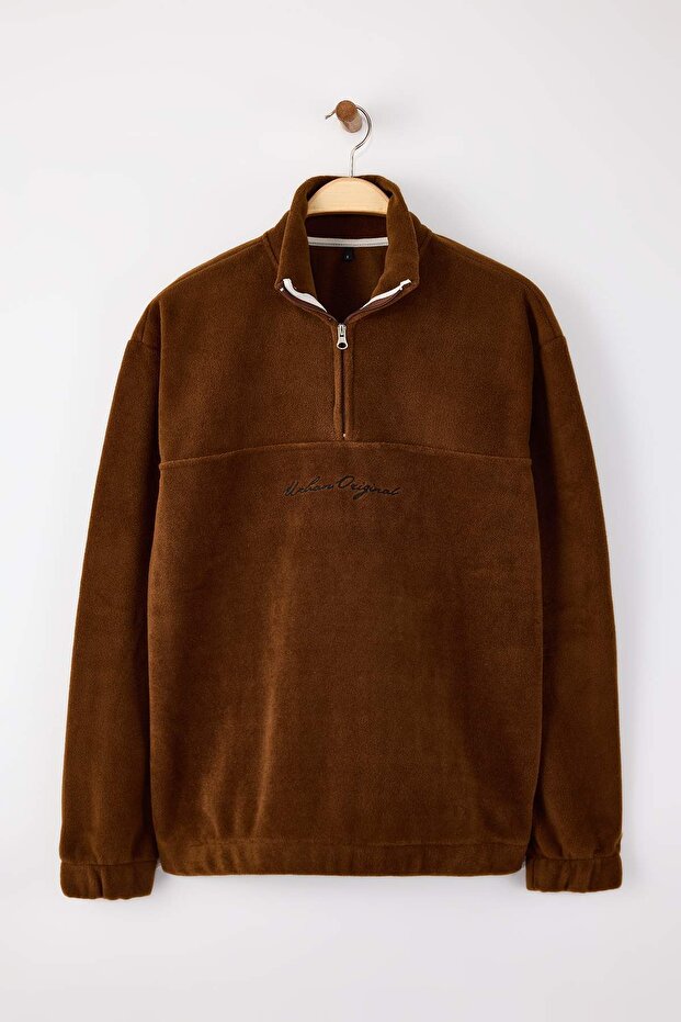 Kahverengi Oversize/Geniş Kesim Nakışlı Polar Sweatshirt TMNAW26SW00030 - 5