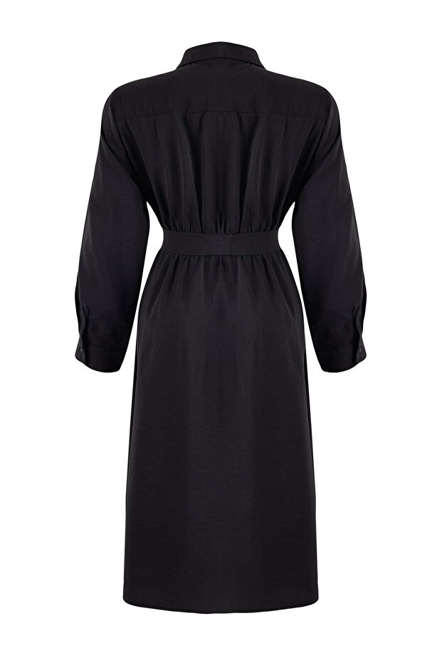 Wardrobe Essentials Siyah Modal Dokuma Büyük Beden Gömlek Elbise TBBSS26AH00078 - 7