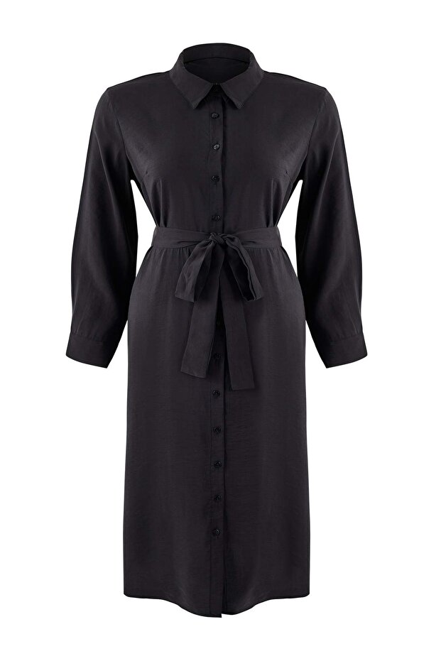 Wardrobe Essentials Siyah Modal Dokuma Büyük Beden Gömlek Elbise TBBSS26AH00078 - 6