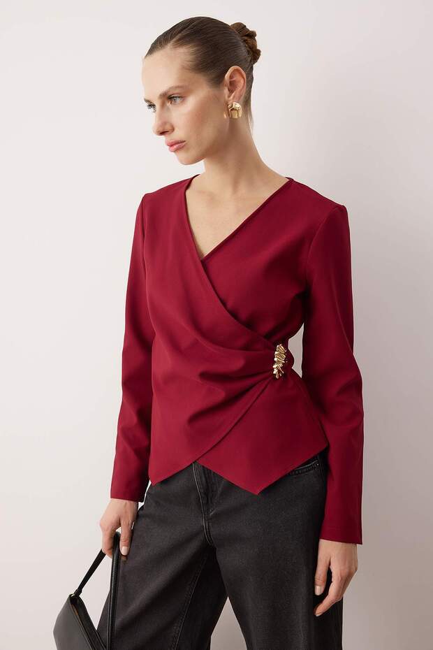 Bordo Kruvaze Toka Detaylı Dokuma Bluz TWOAW26BZ00142 - 1