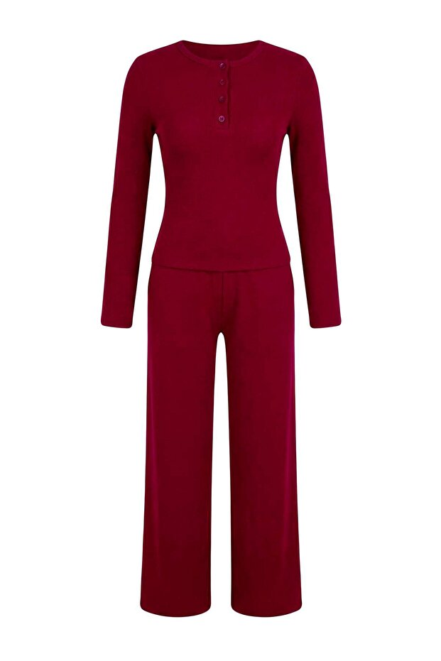 Bordo Fitted/Vücuda Oturan Patlı Uzun Kollu Esnek Örme Alt - Üst Takım TWOSS26AU00007 - 5