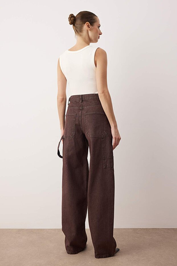 Kahverengi*001 Yüksek Bel Bol Kesim Loose Baggy Jeans TWOAW24JE00308 - 4