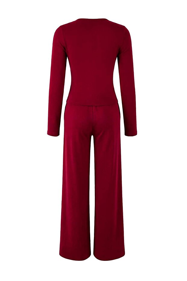 Bordo Fitted/Vücuda Oturan Patlı Uzun Kollu Esnek Örme Alt - Üst Takım TWOSS26AU00007 - 6
