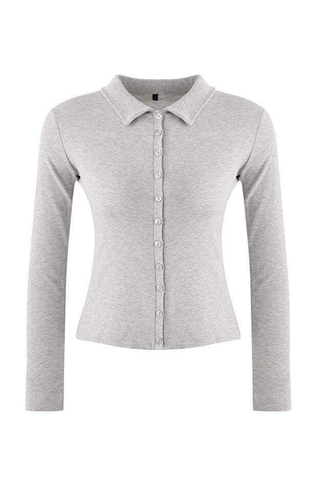 Wardrobe Essentials-Gri Melanj Fitted/Vücuda Oturan Polo Yaka Örme Bluz TWOSS26BZ00066 - 5