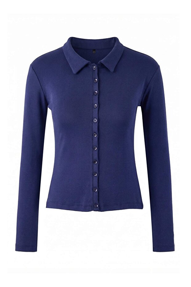 Wardrobe Essentials-Lacivert Fitted/Vücuda Oturan Polo Yaka Örme Bluz TWOSS26BZ00066 - 5