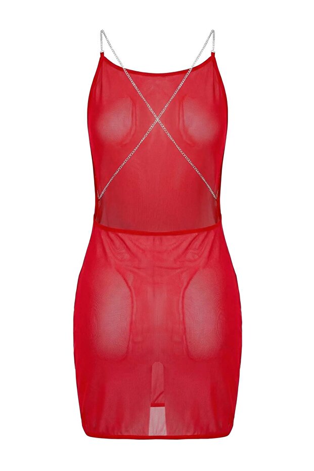Kırmızı Tül Zincir Askılı Kapsız Külotlu Babydoll/Fantezi Gecelik THMAW26LL00025 - 4