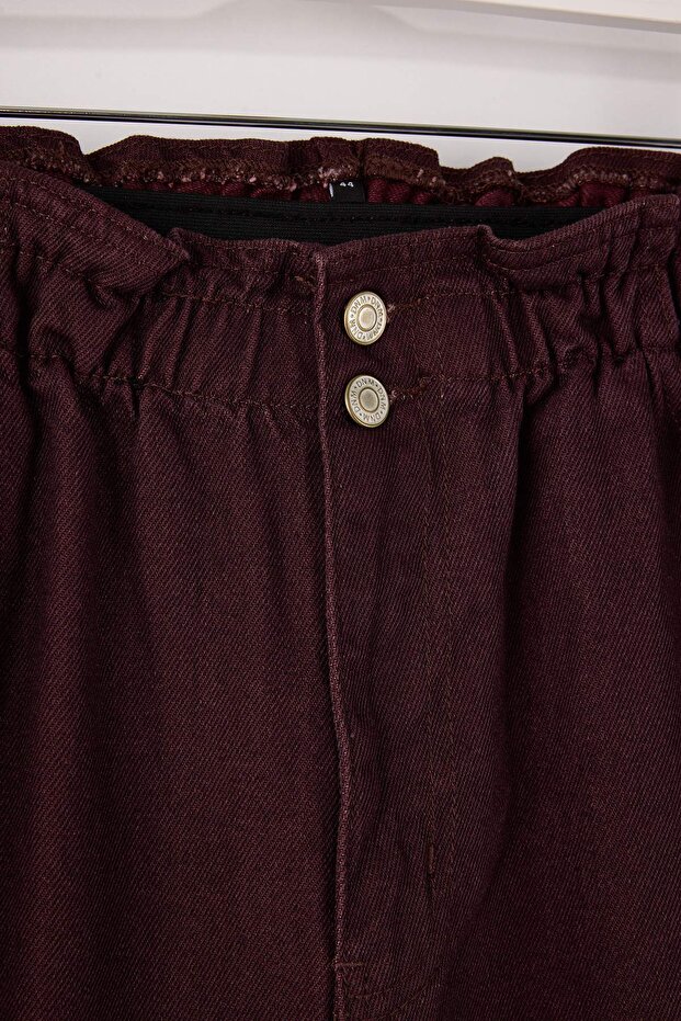 Bordo Yüksek Bel Beli Lastikli %100 Pamuk Büyük Beden Mom Jeans TBBAW23JE00002 - 6