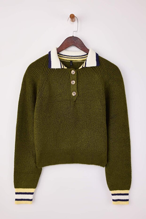 Khaki Soft Textured Color Block Knitwear Sweater Twoaw26Kz00285 - 1